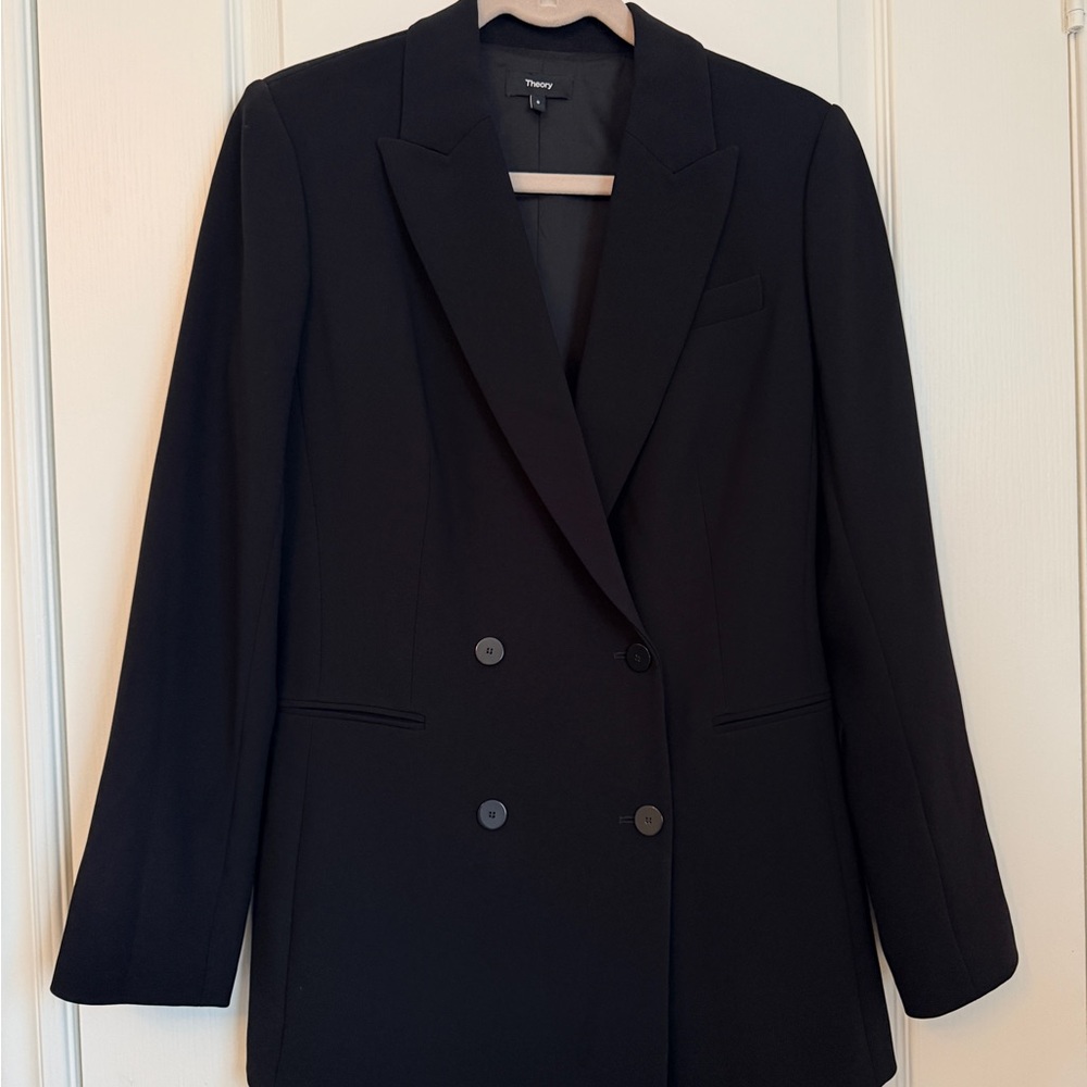 New Theory Black Double-Breasted Tailored Blazer